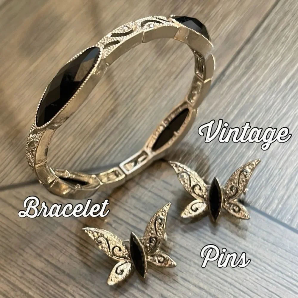 2 Vintage Sliver-tone Butterfly with Jet Black Rhinestone with Bracelet